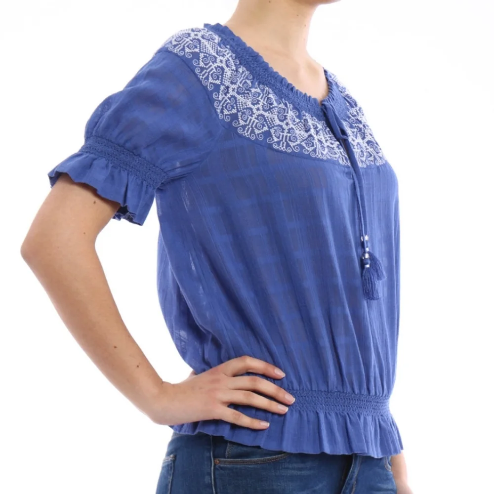 Tory Burch Nina Blouse Embroidery White Blue Peasant Cotton Western Boho Medium